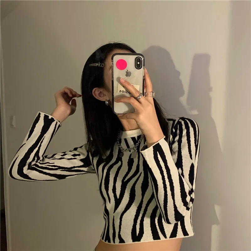 

Zebra Pattern Slim Sweaters Women's Clothing Streetwear O-neck Pullovers Knitted Fashion Brand Harajuku Autumn Style New
