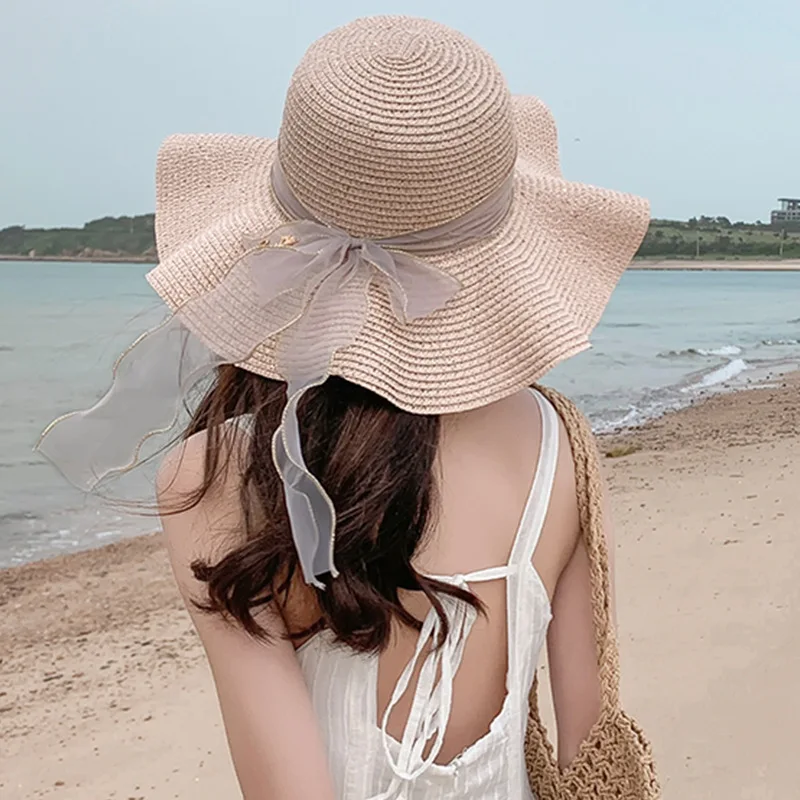 

YQYXCY новая пляжная шляпа от солнца женская летняя соломенная шляпа с волнистыми краями и бантом с лентой шляпа от солнца с большими полями дл...