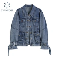 2021 womens denim jacket vintage coats spring autumn clothes bud sleeve long sleeve chic button denim top new fashion solid