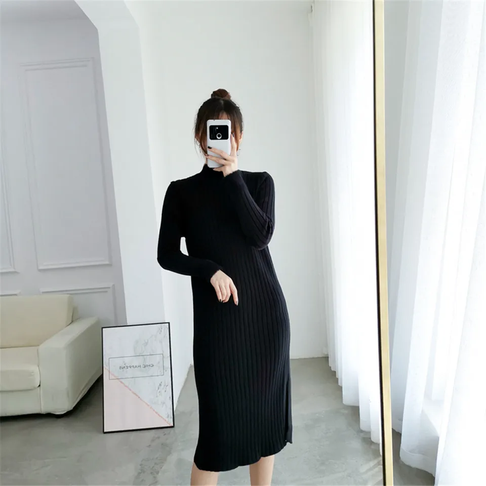 Раздельное однотонное платье с круглым вырезом и длинным рукавом Vestido, милое зимнее трикотажное платье, Осеннее женское элегантное платье, новинка года, модное тонкое мягкое женское платье