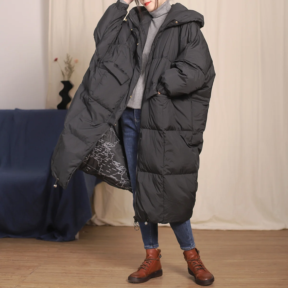 

2021 autumn new fresh literary loose large size casual temperament long hooded down jacket female 2812