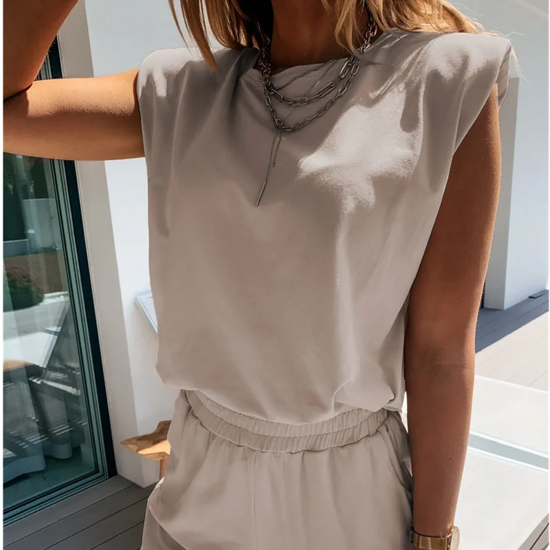 

2021 Women Workout Black 2 Piece Sport Set Sweatpants Shoulder Pad Sleeveless Top And Long Pants Two Piece Set Suits Streetwear