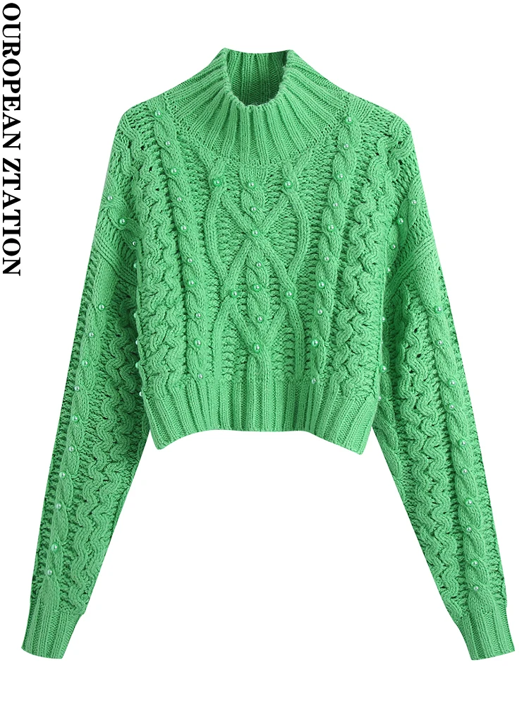 

Women knit short sweater with faux pearls Ladies Elegant high neck long sleeves cropped sweaters 2022 women's pullover top