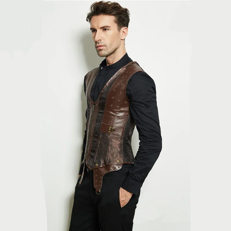 Стимпанк мужские темно коричневые s готическая одежда жилеты из искусственной
