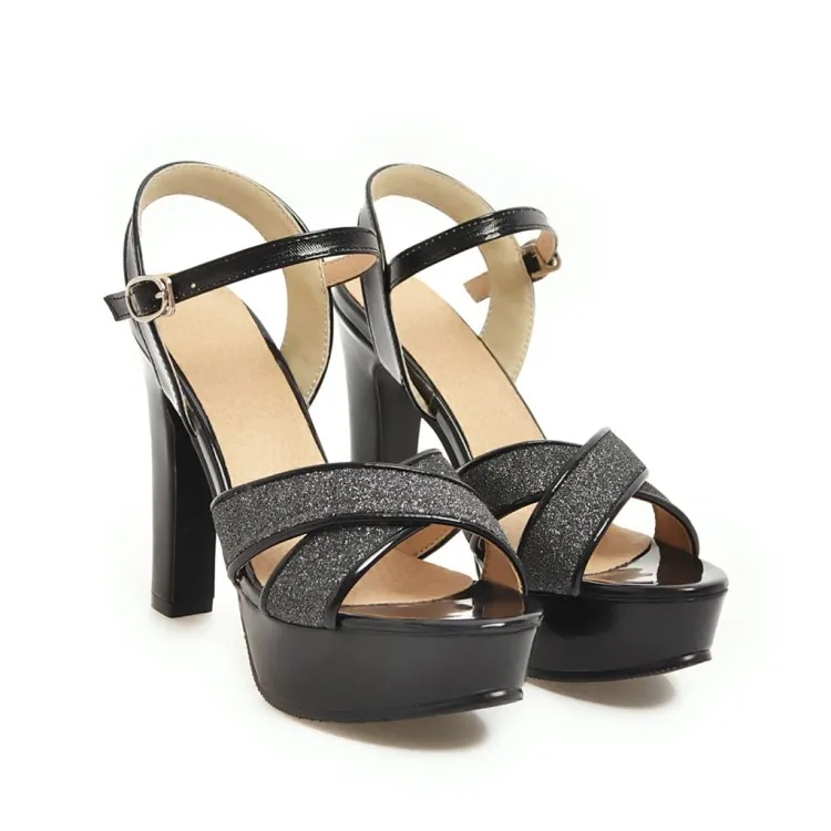 

Сандалии женские на высоком каблуке, босоножки в римском стиле, на пуговицах, обувь с блестками на толстом каблуке, большие размеры 9/10/11/12, на...