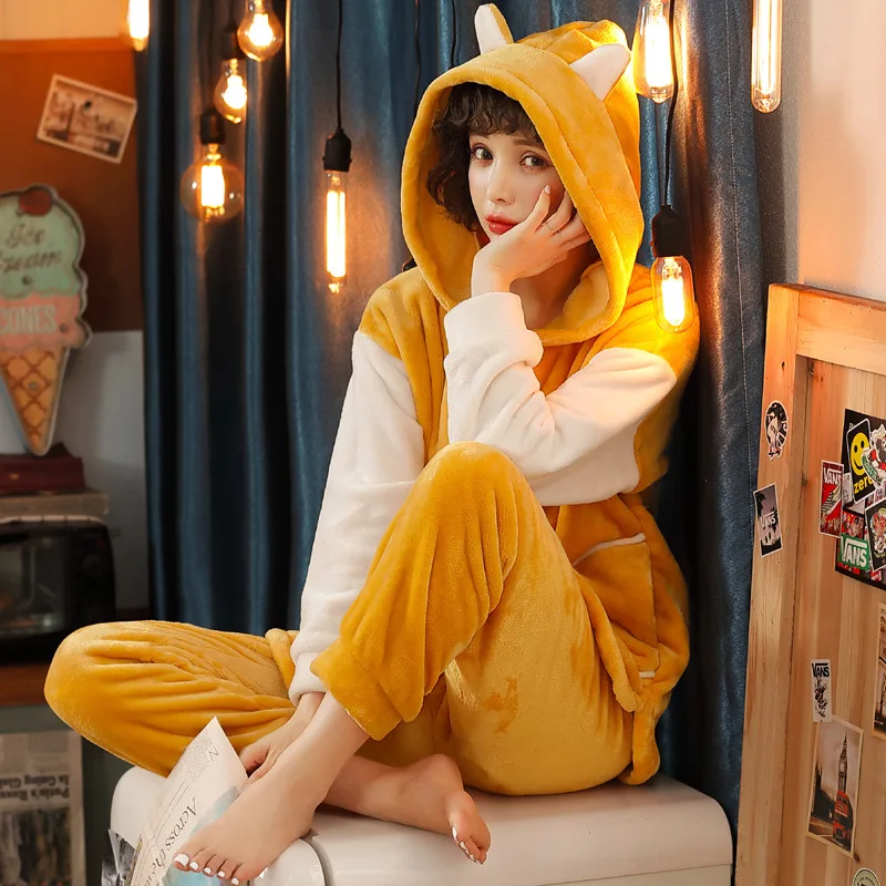 Фланелевый пижамный комплект с рисунком для женщин толстый осенне зимний