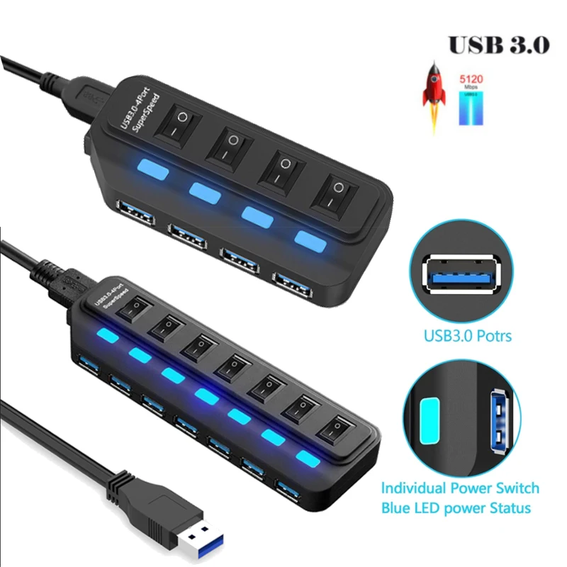 

USB концентраторы Мульти USB 3,0 разветвитель 4/7 порт расширитель несколько USB 3 вцв периферийные устройства компьютера USB3.0 концентратор с перек...