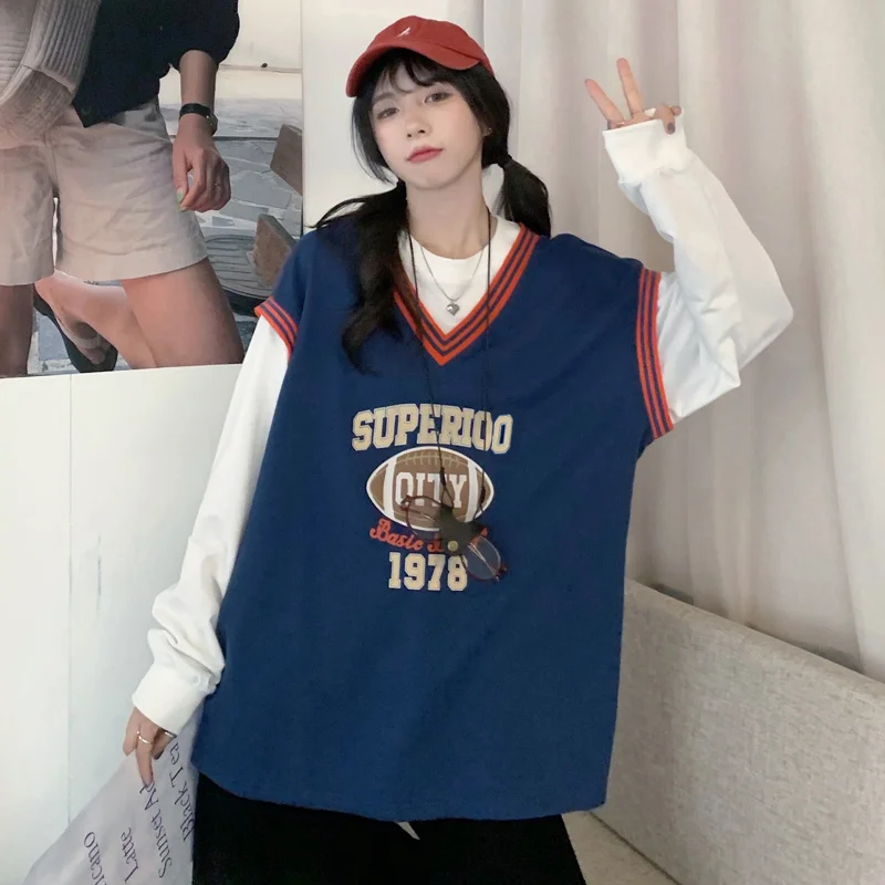 

Бейсбольная форма из двух частей, свитер, женский свободный свитер с круглым вырезом