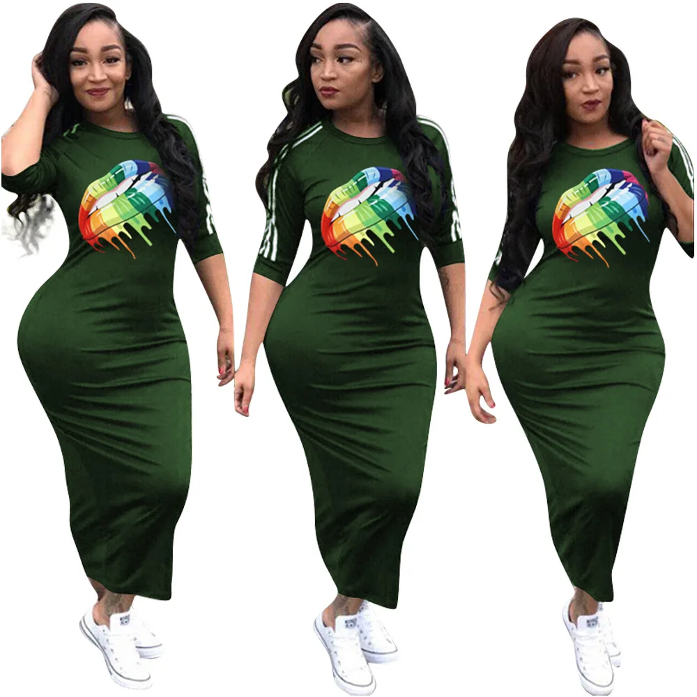 Повседневное Для женщин Bodycon платье летние модные разноцветные радужные губы офсетная печать обхват талии, обхват бедер, ужин платья для Для женщин vestidos mujer