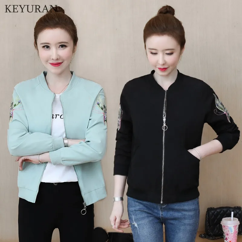 Куртка-бомбер женская с вышивкой повседневная короткая верхняя одежда на молнии