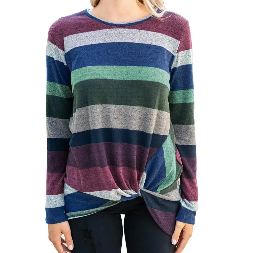 Осенняя женская футболка в полоску с длинным рукавом зима 2019 цветная туника топы