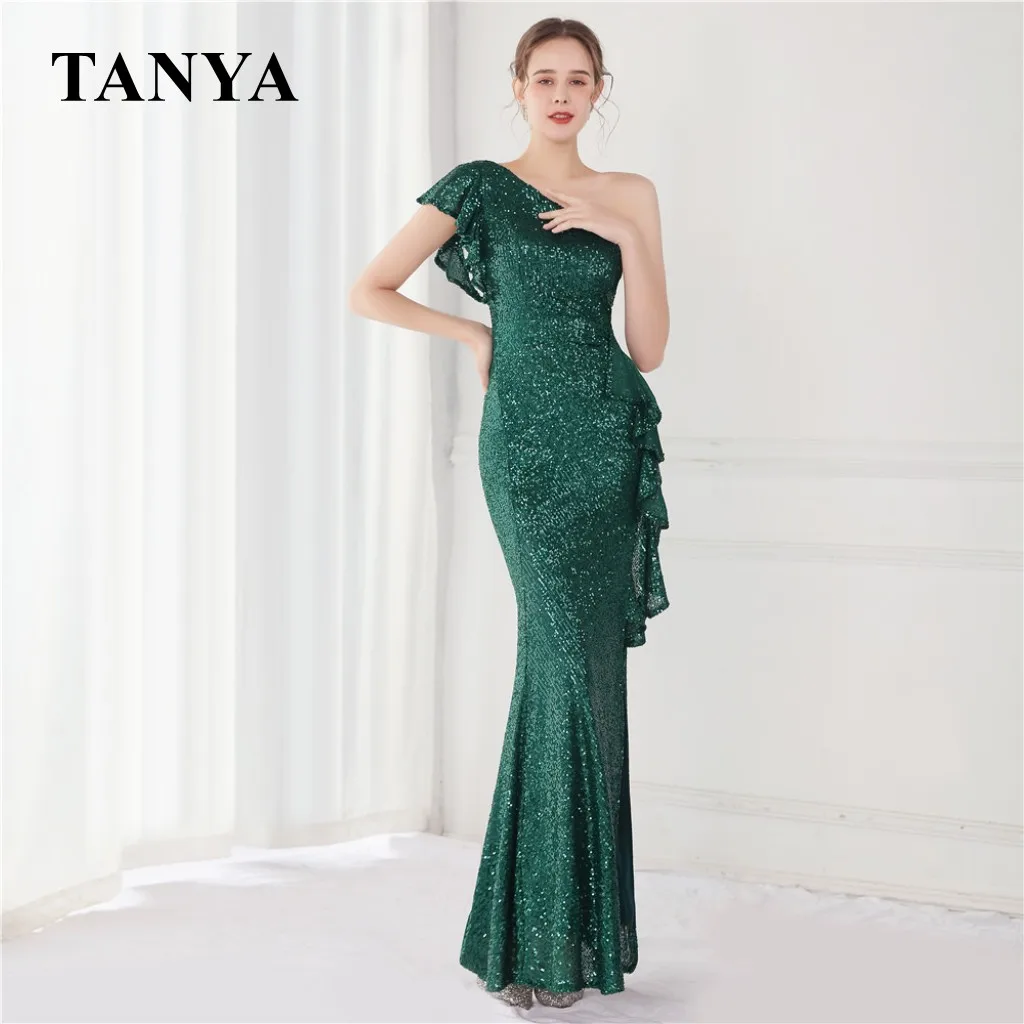 

Green Sequins Mermaid Evening Dresses Sexy One Shoulder Ruffles Side Slit Formal Vestido De Fiesta Prom Gown YSAN1426
