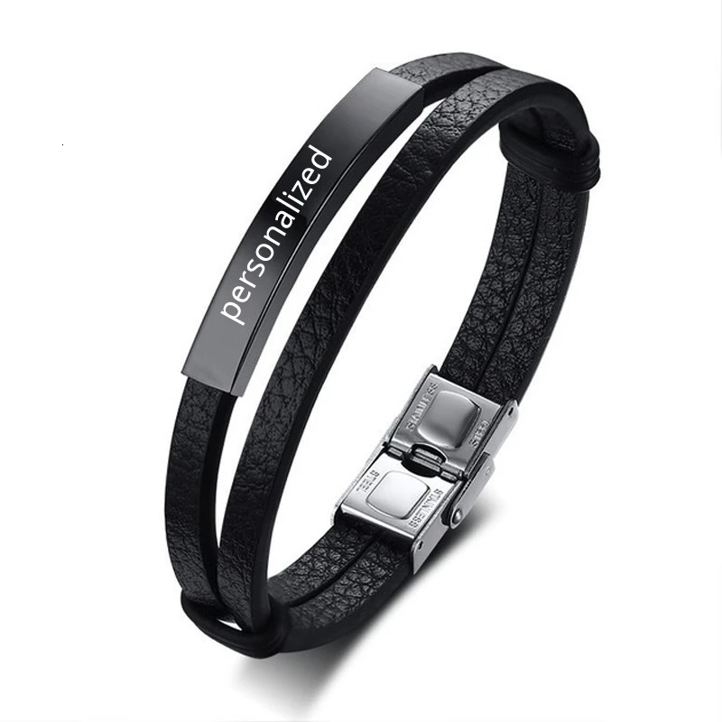 Мужской кожаный браслет с двойной обмоткой ID персонализированный гравировкой