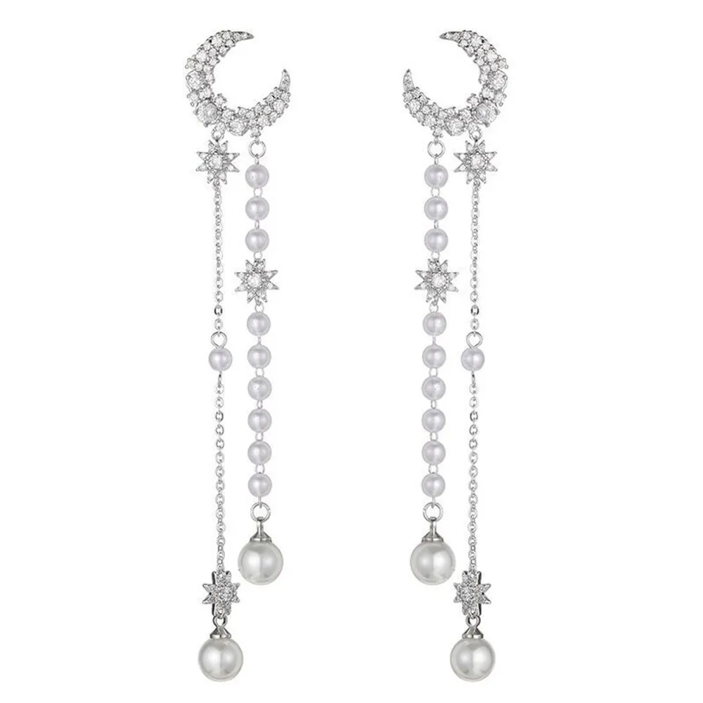 

2021 Xuanpai 925 Pure Silver Needle Earrings Wholesale Net Red Same Temperament Long Moon Star Pearl Tassel Earrings Female