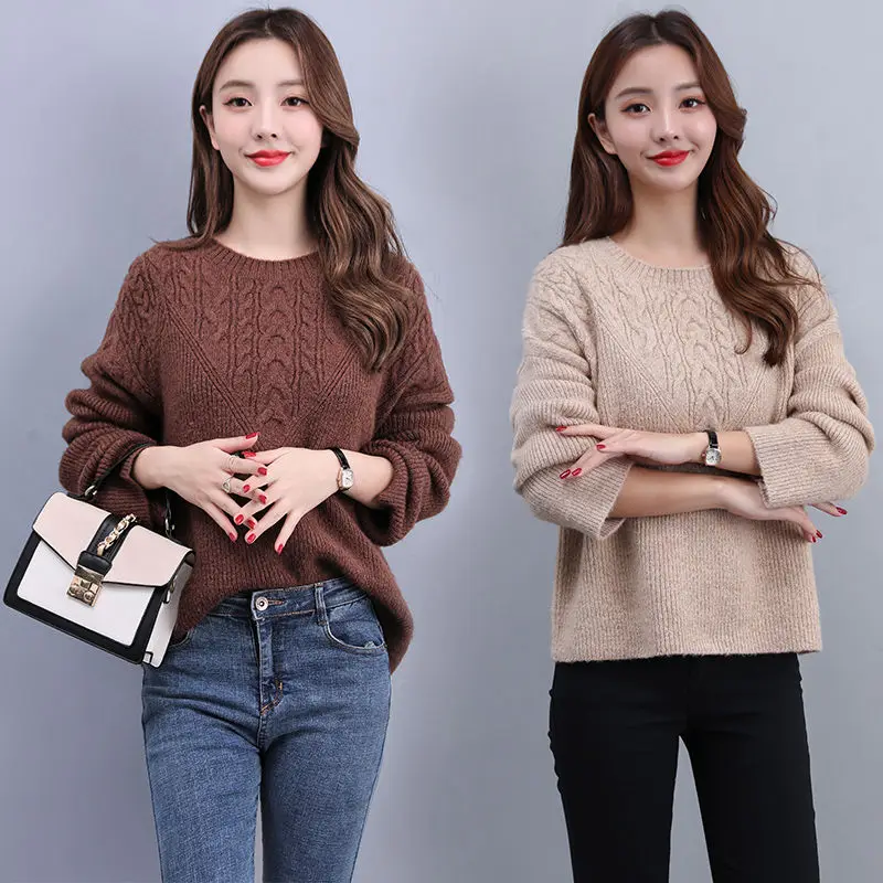 

Casual Autumn Winter Loose Sweater Women Solid Knitted Sweaters Women Korean Round Neck Long Sleeve Pullover Female Jumper
