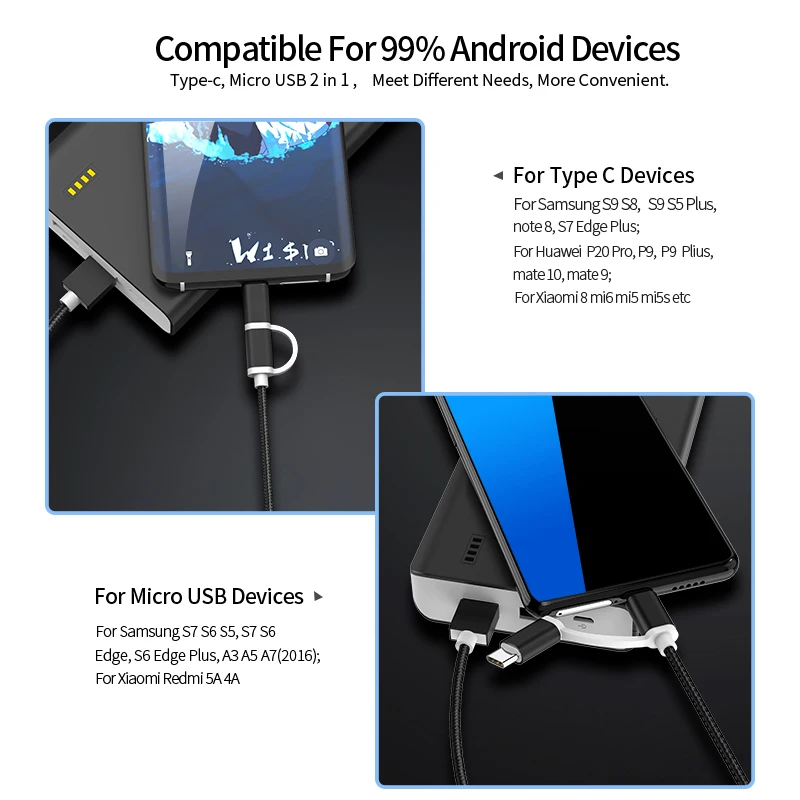 Udyr 2 в 1 USB кабель Micro Type C для Samsung S10 Huawei Xiaomi Oneplus быстрая зарядка нейлоновая оплетка