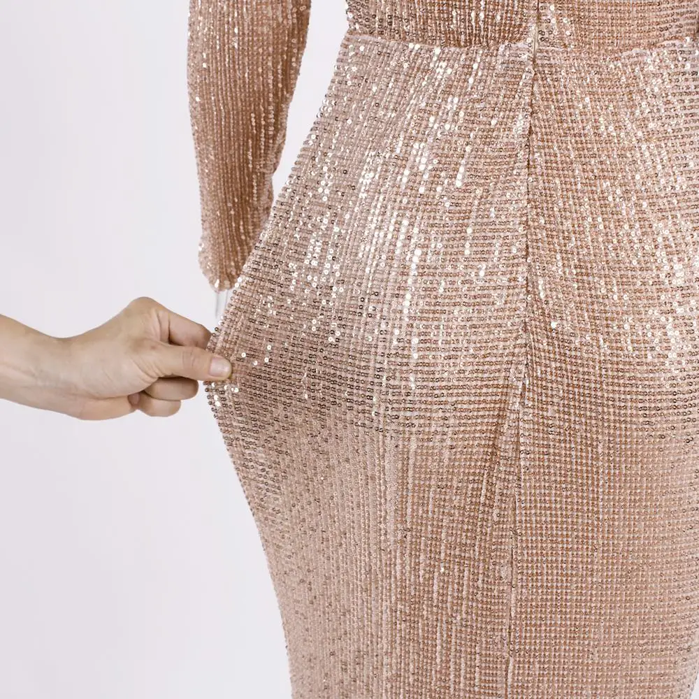

O Neck Sequined Party Dress Long Sleeve Bodycon Full length Lining Dress Stretchy Back Zipper Dress
