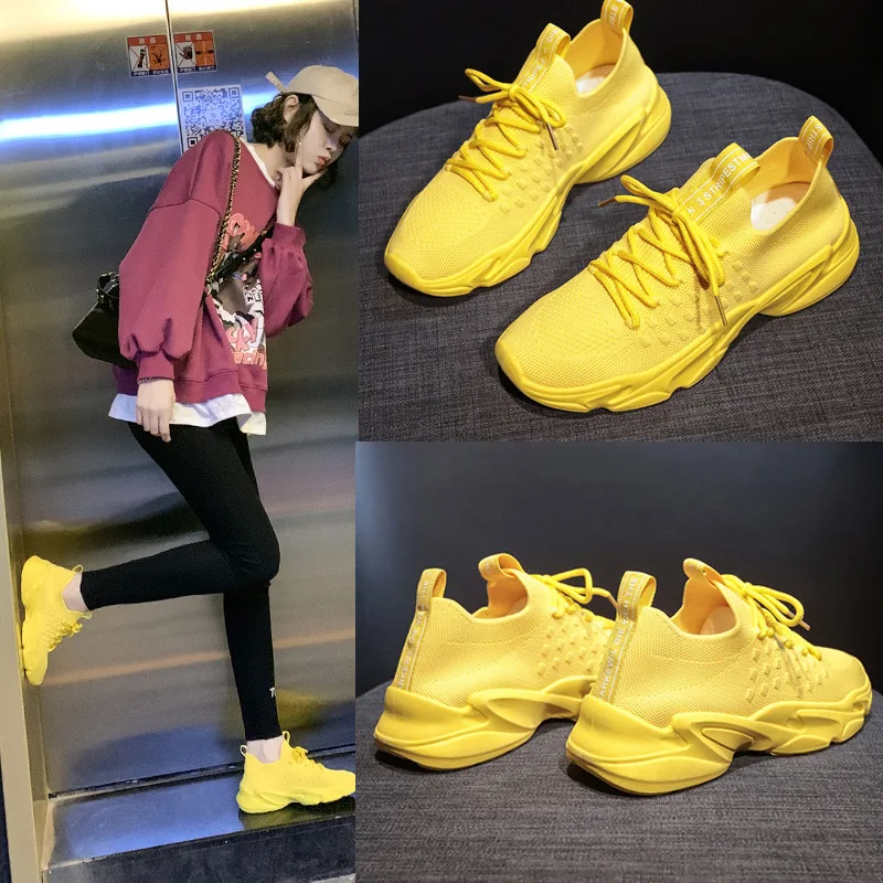 

Women Korean Breathable Casual Shoes Outdoor Sports Shoes Ladies Trainers Platform Walking Yellow Sneakers studen Running Shoes