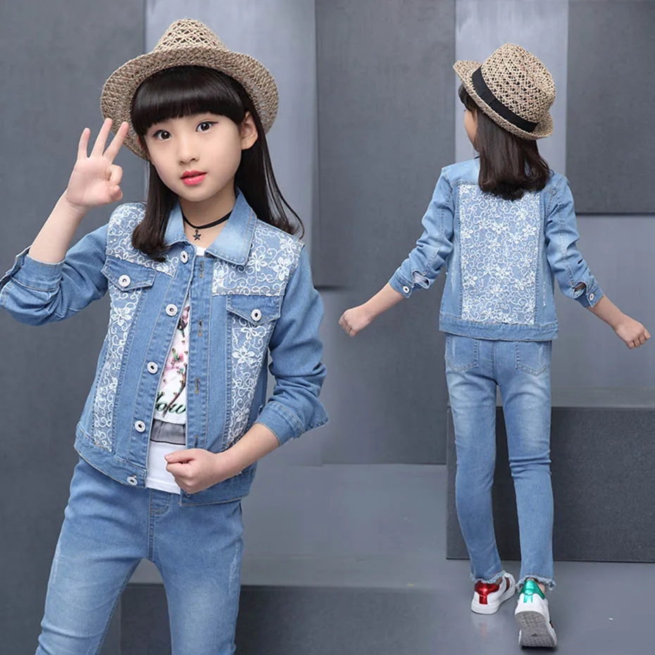 Детская одежда джинсовая куртка с дырками + джинсы футболка 3 шт. для девочек