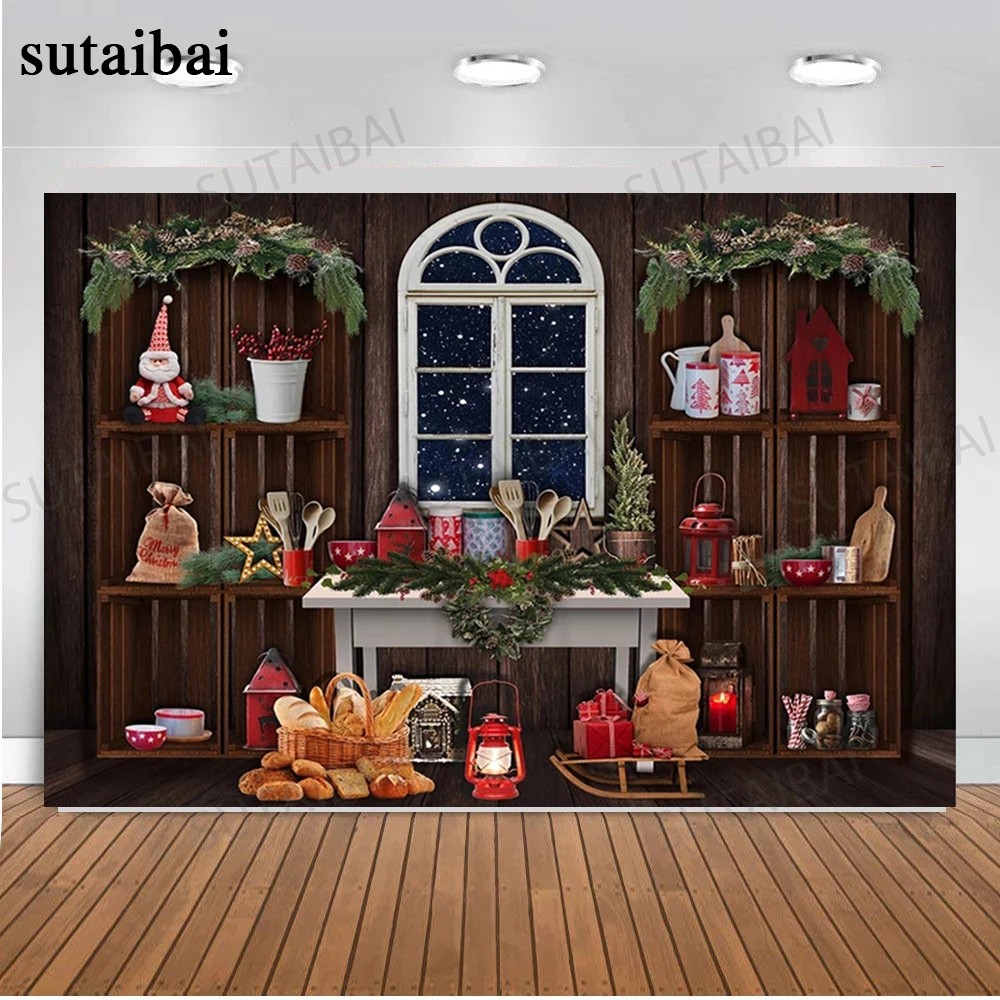 

Rustic Wood Board Fireplace Backdrop Windows Christmas Tree Living Room Newborn Children Portrait Photo Background Studio Decor