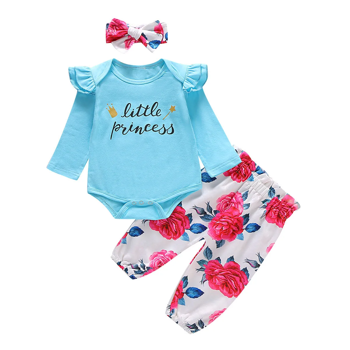 

2019 Newborn Baby Girls Sets Autumn Spring Clothes 3Pcs Long Sleeve Romper Letter Flower Print Harem Pants Girl Outfits 0-18M