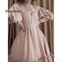 new women solid color o neck long puff sleeve buttons large swing midi lolita dress