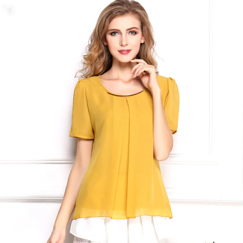 

short sleeve Summer Blouses Color Chiffon Casual Shirts Tees 2021 o neck Tops Clothes Solid Women female Hot Style Fashion Loose