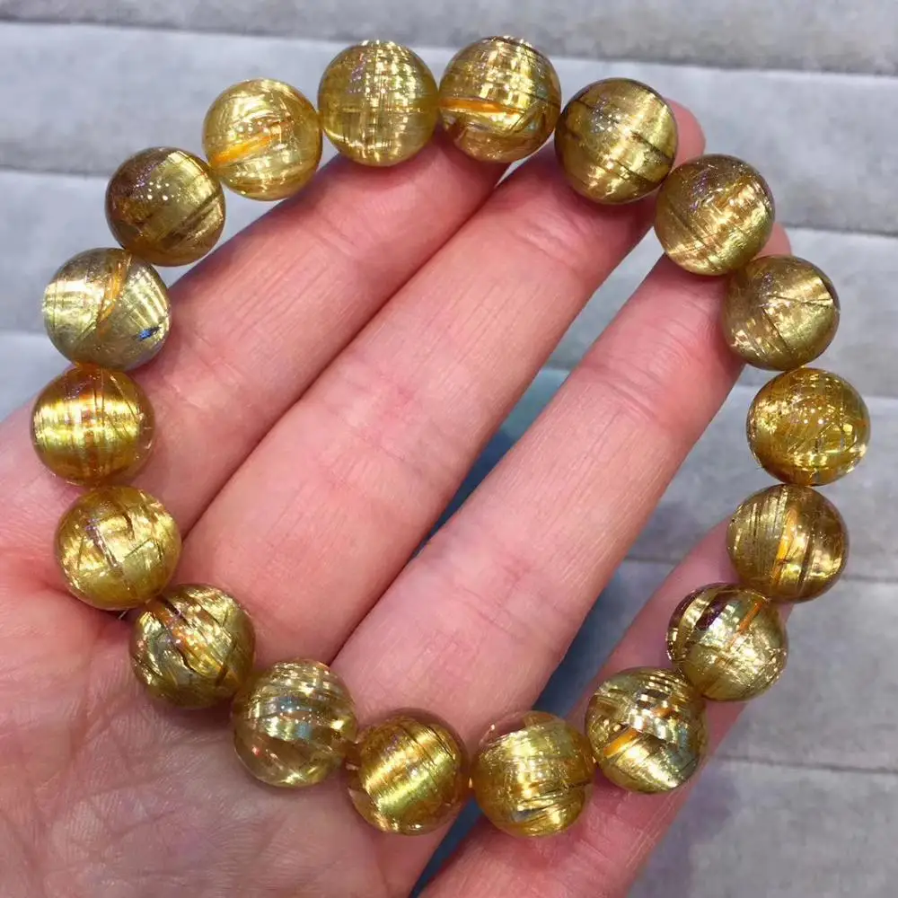

Genuine Natural Gold Rutilated Quartz Woman Men Titanium 11.5mm Clear Round Beads Bracelet Jewelry From Brazil AAAAAAA