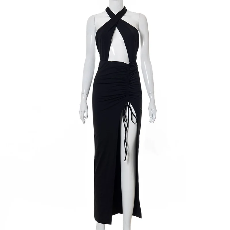 

ANJAMANOR Sexy Halter Backless Long Maxi Dresses for Women with Split Party Night Club Outfits Bodycon Dress Summer 2021 D85CC28
