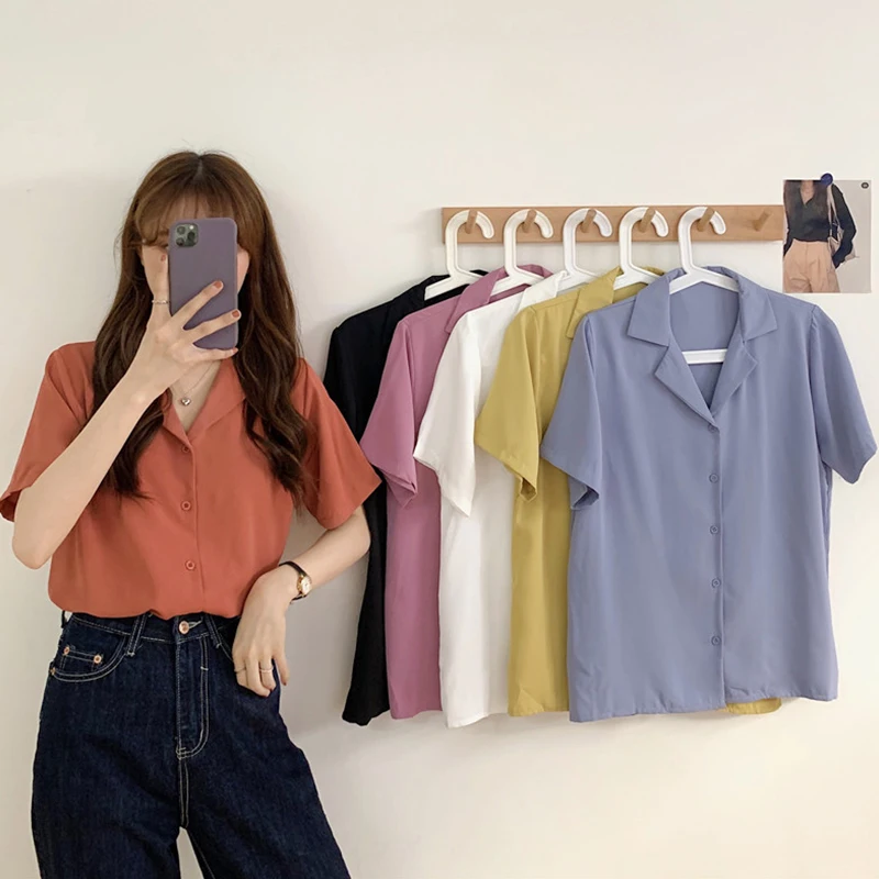 

Однотонная рубашка с коротким рукавом, Женский дизайнерский свободный универсальный топ в гонконгском ретро-стиле, Новинка лета 2021 в Корей...