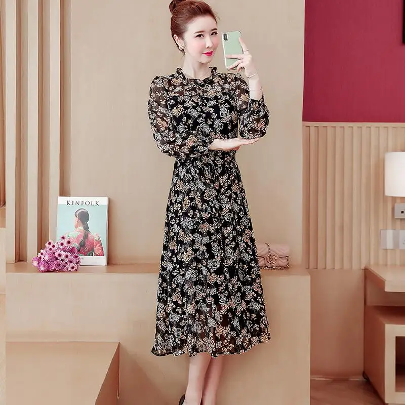 Женское весеннее длинное платье с принтом повседневное шифоновое цветочным