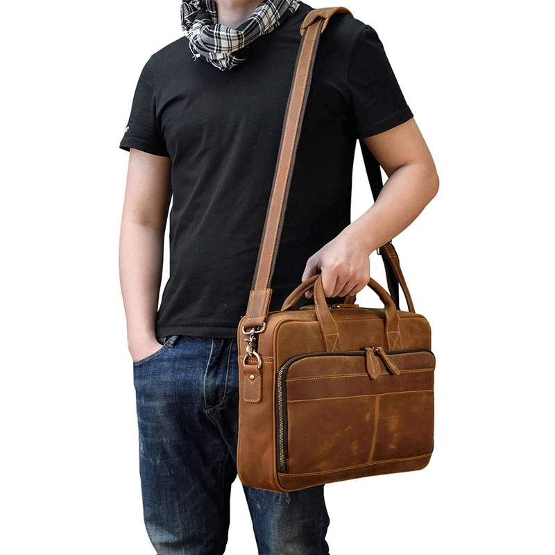 Genuine Leather Men's Briefcase Retro Crazy Horse Leather Handbag Men Shoulder Messenger Bag 15