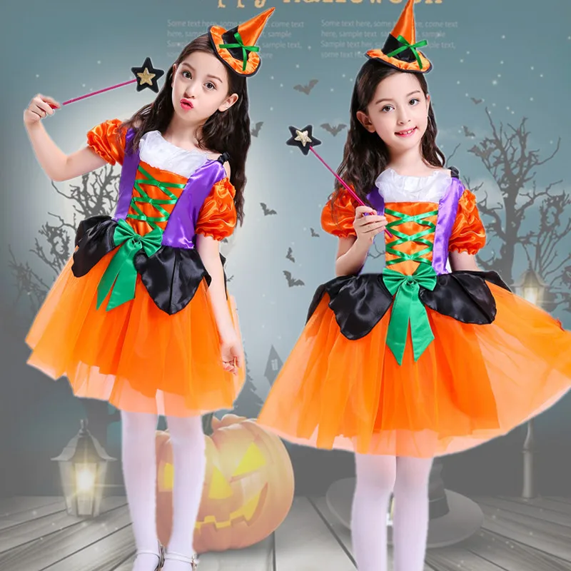 

Halloween Fancy Fantasia Kids Witch with Hat Broom Cosplay Christmas Children Costume Girls Vintage Dress Up Cosplay Costumes