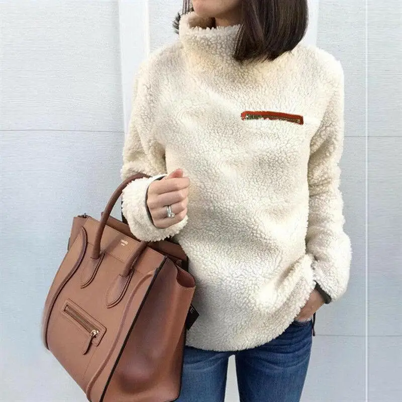 

Women Teddy Sweater Velvet Tops Autumn and Winter Warm Long-sleeved High Collar Chest Zipper Pocket 2021 clothing