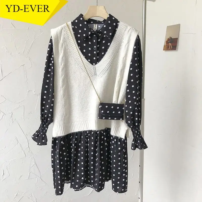 2021 верхняя одежда из двух частей для женщин весенняя в горошек платье с v-образным