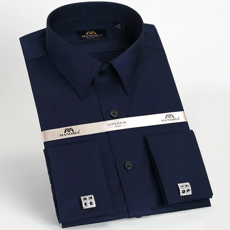 High Quality Men's Dress Shirt Brands New Fashion Regular Fit Shirts Business Long Sleeve with Cufflink Solid Color Navy Blue