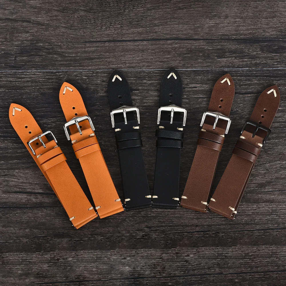 BEAFIRY New Quick Release Watch Band 18mm 19mm 20mm 22mm Vegetable-Tanned Leather Strap Watchband Dark Brown Black Yellow