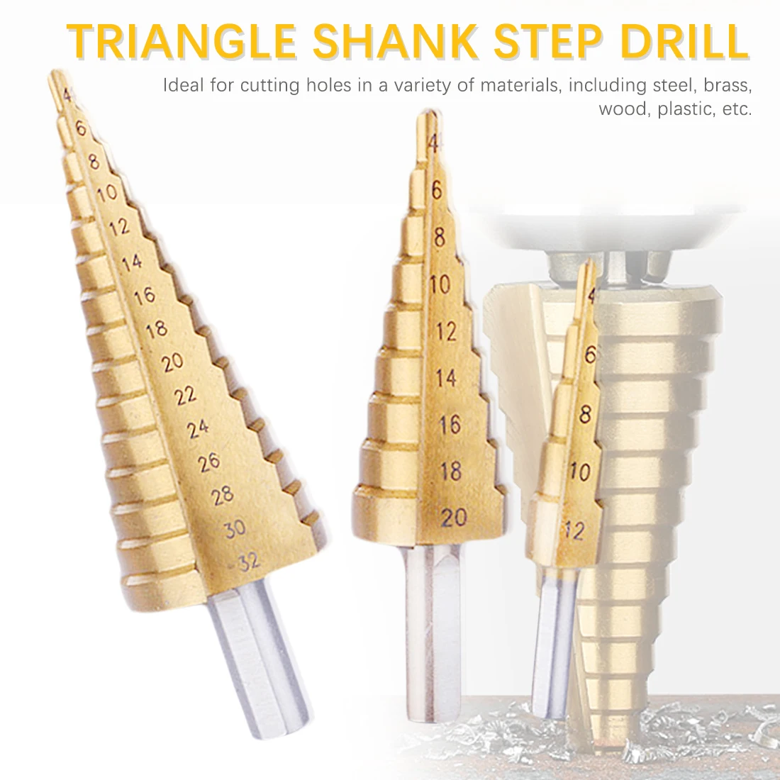 

Step Drill Bit Set 3pcs 4-12mm 4-20mm 4-32mmTitanium Wood Metal Hole Cutter with Center Punch Metric Flute Pagoda Core Drill Bi