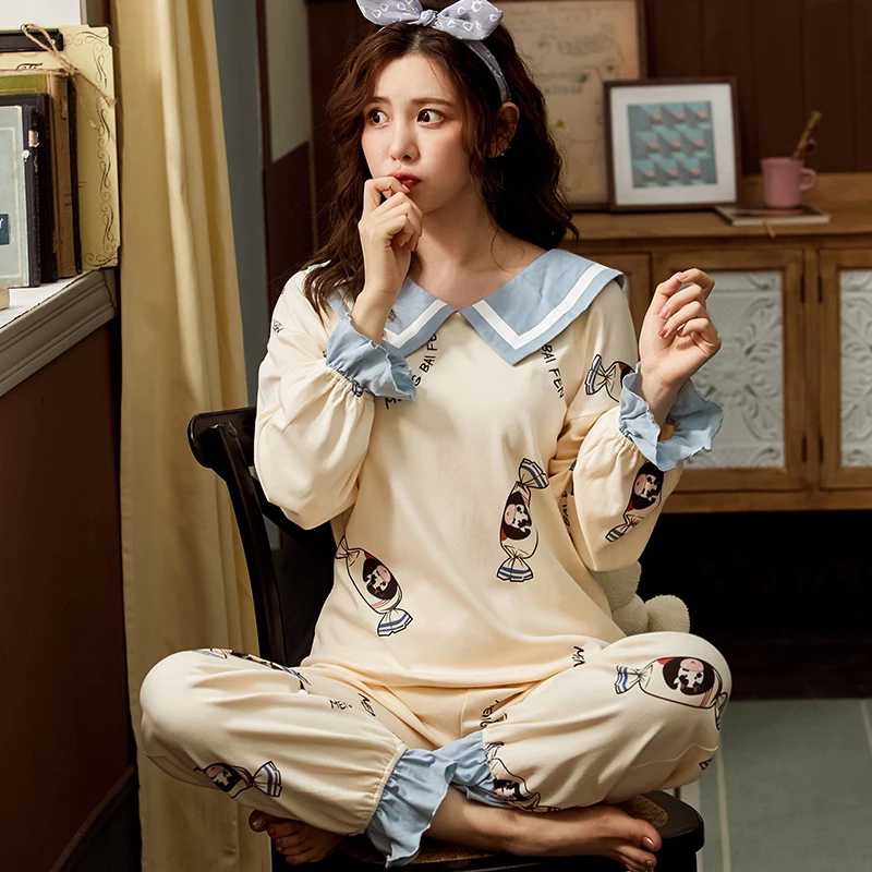 

New Autumn Knitted Cotton Women Pajamas Long Sleeve Sweet Cartoon Womens Sleepwear Loose Casual Plus Size Female Homewear Suit