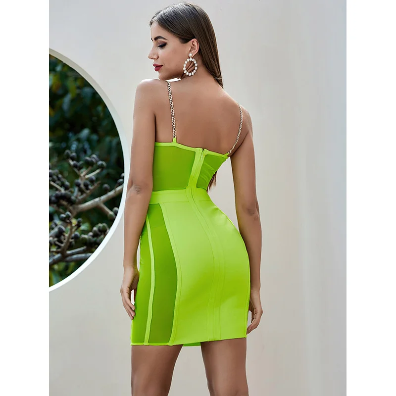 

2021 newfluorescent dress sexy gauze perspective party dress auto show chain sling bandage skirt