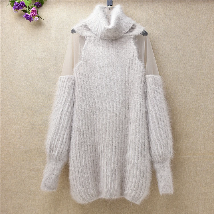 

ladies women fashion hairy mink cashmere turtleneck shoulder off long lantern sleeves loose pullover angora fur jumper sweater