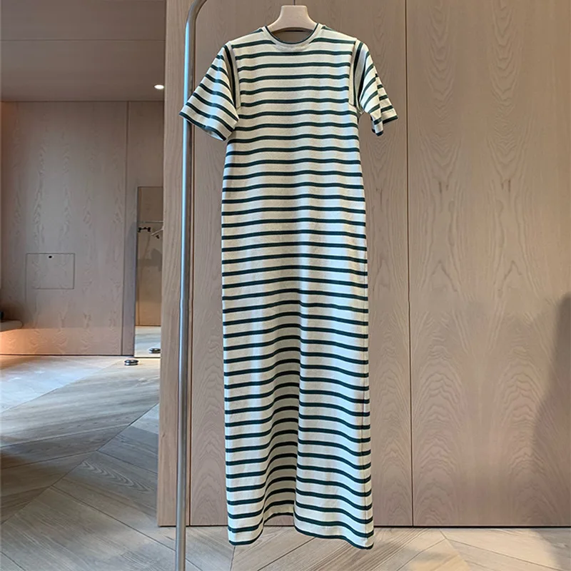 

Women Dress 2021 Spring and Summer New Round Neck Stripe Color Matching Long Slim Knitted Dress Women