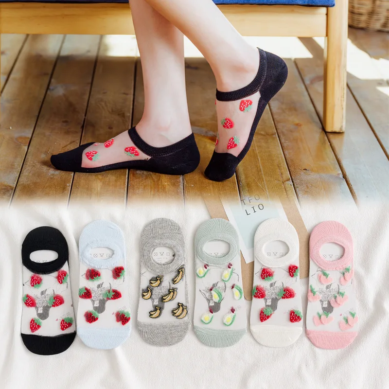 

cartoon socks avocado strawberry kawaii woman harajuku women cute kobieta skarpety calcetines de la mujer lace mesh transparent