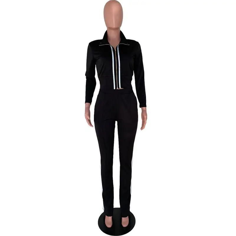 

ZKYZWX Sexy Splice 2 Piece Set Women Tracksuit Fall Clothes Crop Top Pant Sweat Suit Lounge Wear Outfits two pcs Matching Sets