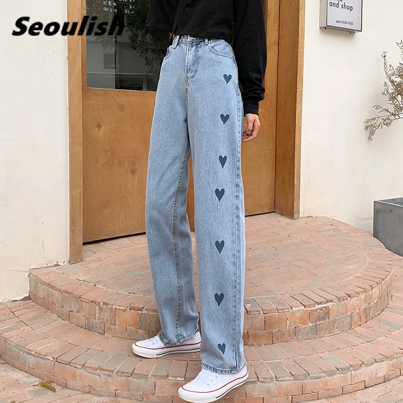 

Seoulish 2021 New Vintage Wide Leg Jeans LOVE Printed Women's Pants Full Length Female Denim Washed Blue Loose Trousers Summer