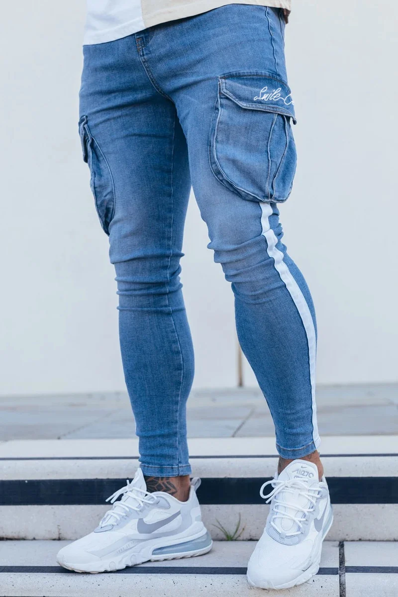 

SHZQ Mens Skinny Pencil Pants Jeans Draped Hole Pocket Denim Biker Jeans Hip Hop Distressed Slim Elastic Jeans Multi-pocket Jean