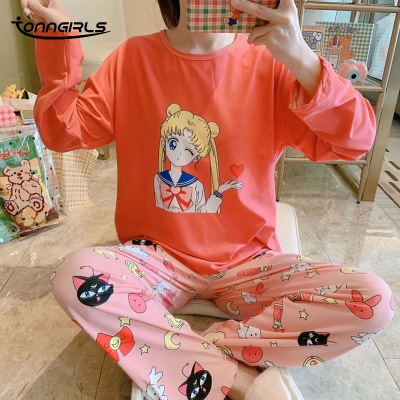 

Tonngirls Sailor Moon Sleepwear Women Cartoon Print Pajama Set Girls Cute Night Suit Leisure Pijamas Women Sweet Night Wear 2021