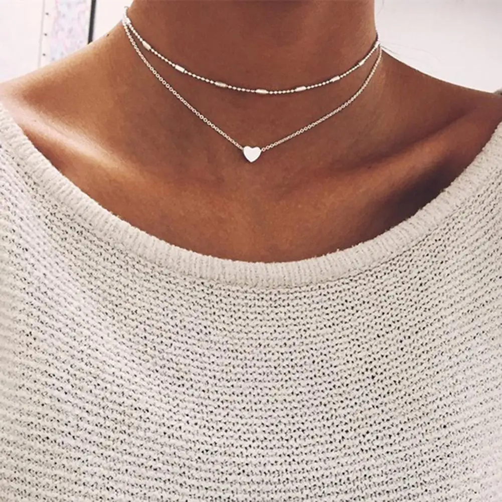 

Fashion Double Layers Choker Heart Love Ball Chain Bead Necklace Women Xmas Gift 2020