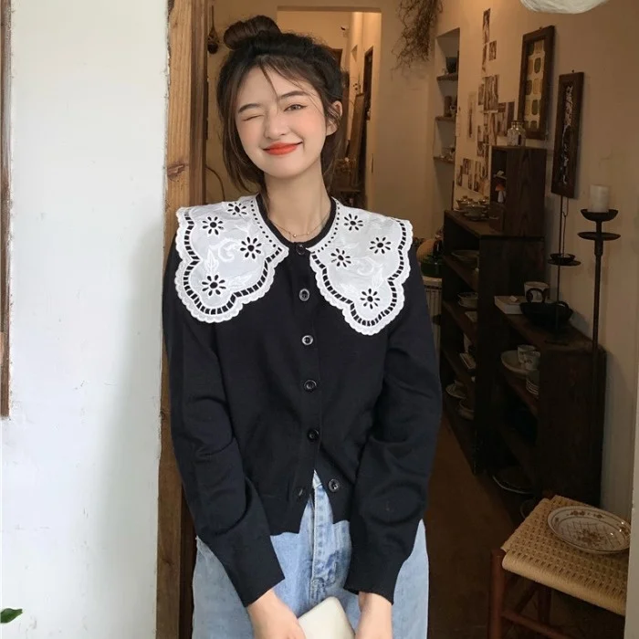 Женский однобортный свитер с кружевными лацканами Новинка осени 2021 модный