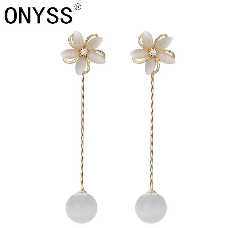 

ONYSS Korean Style Cat's Eye Opal Flower Shape Long Elegant Drop Earrings Women 2021 Trend
